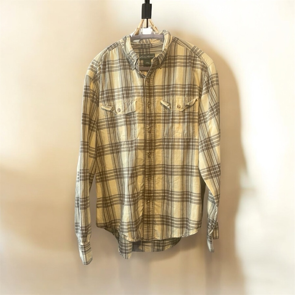 Eddie Bauer Tan and Gray Plaid Button-Down Shirt